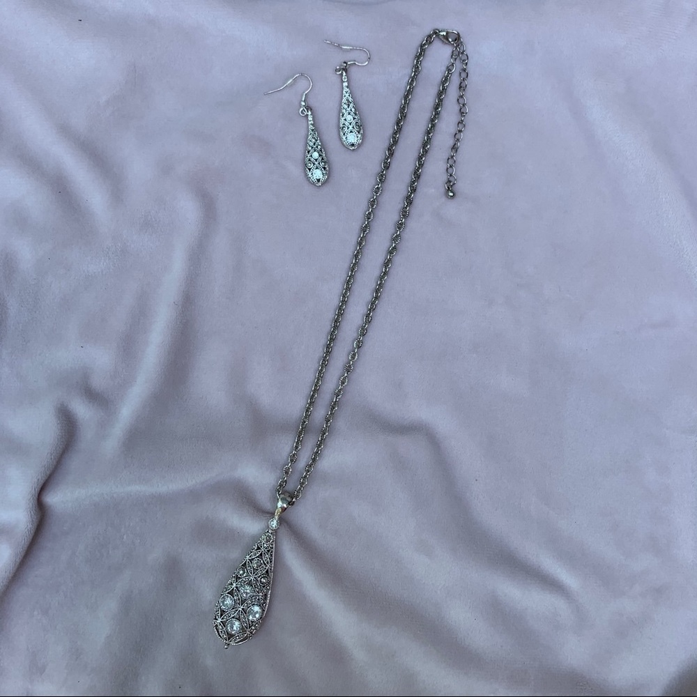 Silver Matinee Necklace w/ Tear Drop Pendant